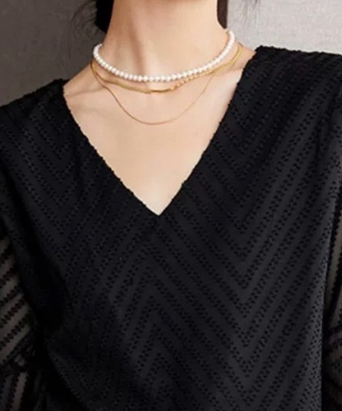 Beststore(ベストストア)の「Vネックシフォンブラウス カジュアル レースブラウス(シャツ/ブラウス・レディース・ブラック/ホワイト/ピンク/ネイビー・FREE)」の12枚目の写真