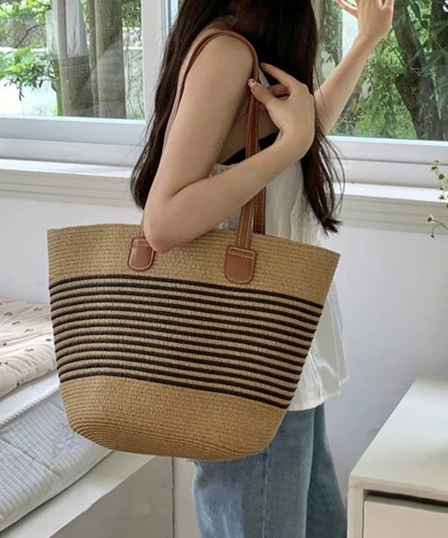 かごバッグ トート ストロー編み かごトートバッグ PUレザーハンドル