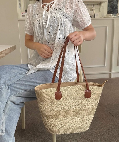 かごバッグ トート ストロー編み かごトートバッグ PUレザーハンドル