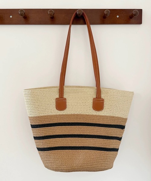 かごバッグ トート ストロー編み かごトートバッグ PUレザーハンドル
