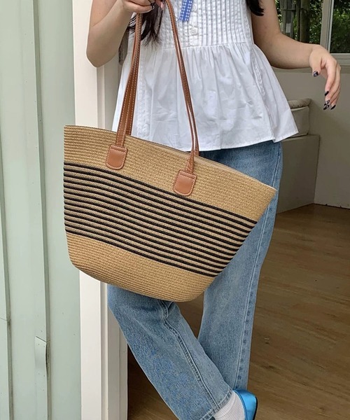 shopnikoniko（ショップニコニコ）の「かごバッグ トート ストロー編み かごトートバッグ PUレザーハンドル（かごバッグ・レディース・ベージュ/ホワイト/ブラウン・フリー）」の6枚目の写真