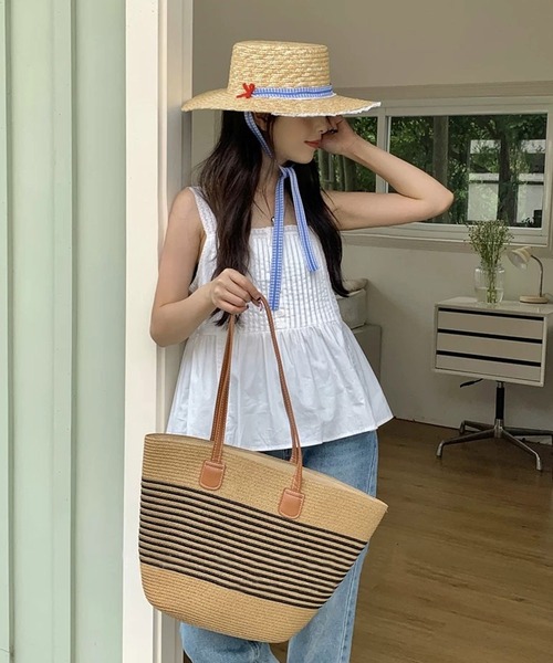 かごバッグ トート ストロー編み かごトートバッグ PUレザーハンドル