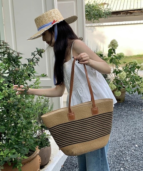 shopnikoniko（ショップニコニコ）の「かごバッグ トート ストロー編み かごトートバッグ PUレザーハンドル（かごバッグ・レディース・ベージュ/ホワイト/ブラウン・フリー）」の8枚目の写真
