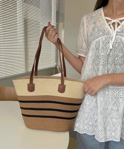 かごバッグ トート ストロー編み かごトートバッグ PUレザーハンドル