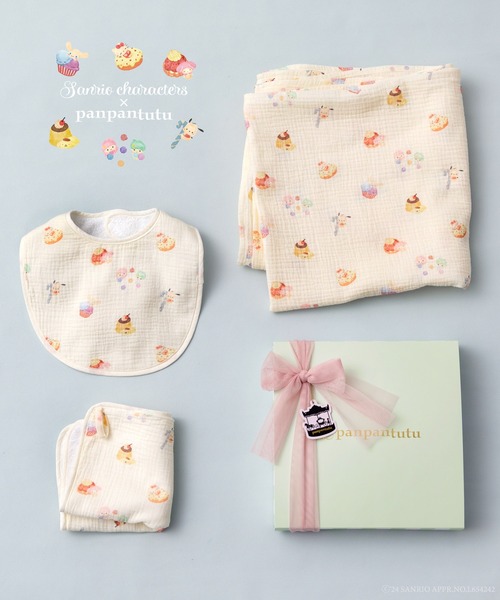 panpantutu(パンパンチュチュ)の「ガーゼおくるみ3点セット+BOX付【サンリオキャラクターズ/シナモロール】(ベビーギフト・キッズ・ベージュ/ライトブルー・FREE)」の1枚目の写真
