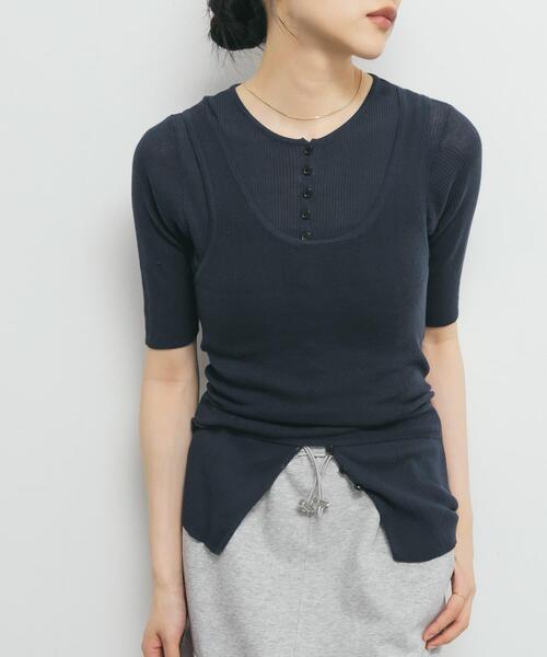 KBF（ケイビーエフ）の「フロントボタンレイヤードニット（ニット/セーター・レディース・ネイビー/ピンク/アイボリー/ブラック・ONE）」の9枚目の写真