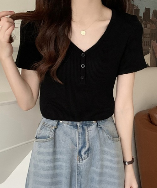 Miniministore（ミニミニストア）の「Vネックリブニットトップス 着やせ 無地（ニット/セーター・レディース・ホワイト/ブルー/ブラック・FREE）」の2枚目の写真