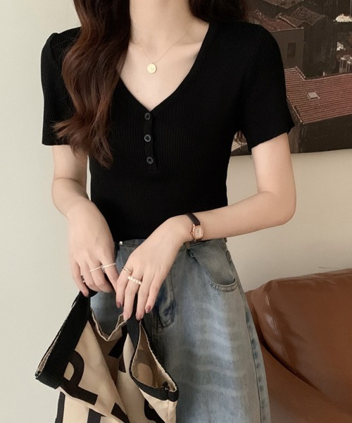 Miniministore（ミニミニストア）の「Vネックリブニットトップス 着やせ 無地（ニット/セーター・レディース・ホワイト/ブルー/ブラック・FREE）」の14枚目の写真