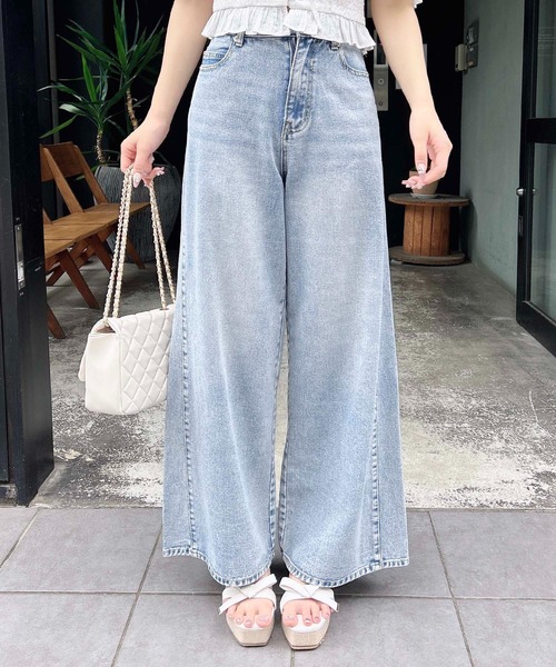EENK インク ラップ ストレート デニム パンツ IVORY 選べる着丈] ヴィンテージウォッシュロングワイドデニムパンツ