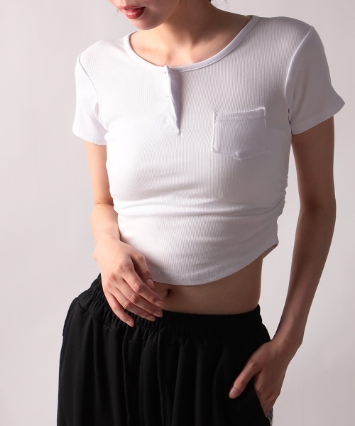 NANAHACHI(ナナハチ)の「リブヘンリーネック半袖Tシャツ(Tシャツ/カットソー・レディース・グレー/ブラック/ホワイト・FREE)」の9枚目の写真