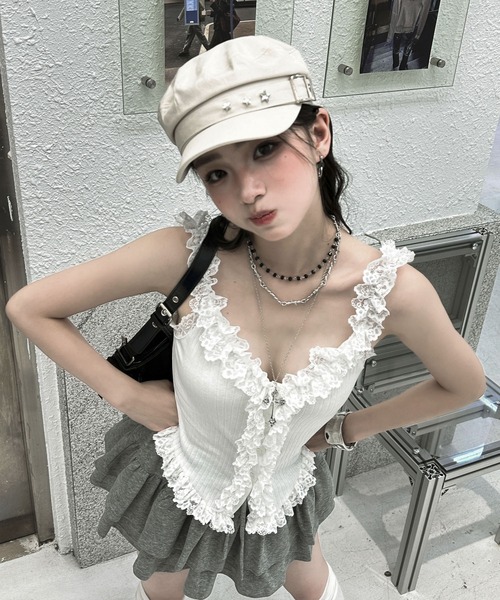 VEILA(ヴェイラ)の「ふんわりレースフリルキャミソール(Tシャツ/カットソー・レディース・ブラック/ホワイト・M/S)」の7枚目の写真