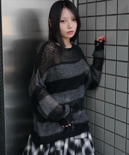 WEGO(ウィゴー)の「WEGO/モヘアタッチボーダーBIGニット(ニット/セーター・レディース・グレー系その他5/ホワイト系その他5/レッド系その他5・FREE)」の9枚目の写真