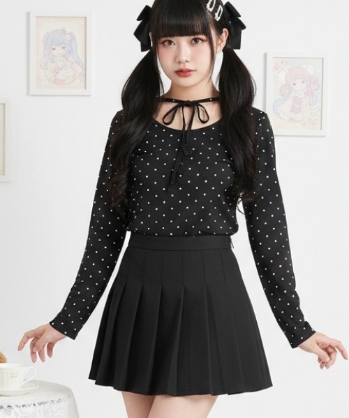 DIP IN CHOCOLATE(ディップインチョコレート)の「ドット柄リボンタイロングスリーブトップス【DIP IN CHOCOLATE】(Tシャツ/カットソー・レディース・オフホワイト/グレー/ブラック/チャコールグレー・F)」の3枚目の写真