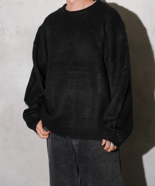 TOWNCRAFT（タウンクラフト）の「TOWNCRAFT / タウンクラフト DAMAGED SOLID SHAGGY CREW SWEATER ダメージ加工 無地 ソリッド シャギー クルーセーター モヘアタッチ（ニット/セーター・メンズ・ブラック×ブラック/マスタード/グリーン/ブラック・X-SMALL/MEDIUM/LARGE）」の5枚目の写真