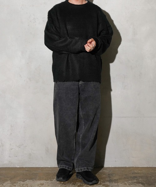 TOWNCRAFT（タウンクラフト）の「TOWNCRAFT / タウンクラフト DAMAGED SOLID SHAGGY CREW SWEATER ダメージ加工 無地 ソリッド シャギー クルーセーター モヘアタッチ（ニット/セーター・メンズ・ブラック×ブラック/マスタード/グリーン/ブラック・X-SMALL/MEDIUM/LARGE）」の6枚目の写真