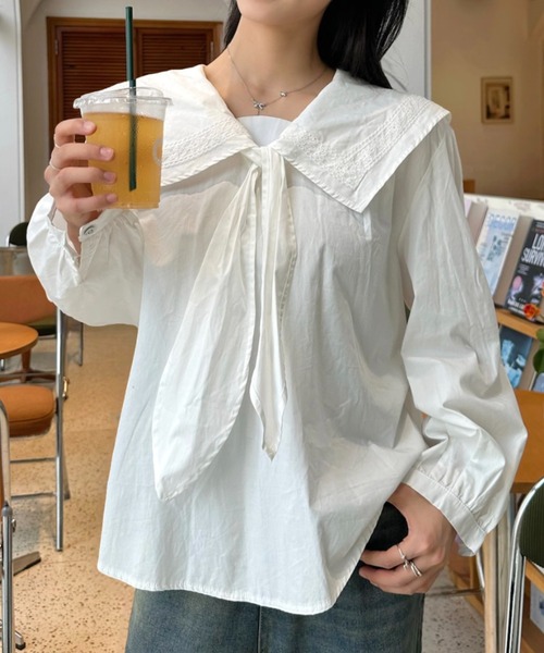 新品　未使用　フリル ロミーシャツ / シルククレープ & アセテート AMBIDEX Store △〇lasew フリルカラーブラウス(F