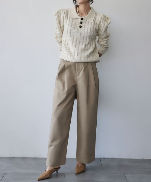 ELFRANK(エルフランク)の「テレコリブ パワーショルダー ポロニット 襟付き(ニット/セーター・レディース・オリーブ/アイボリー/グレー・FREE)」の21枚目の写真