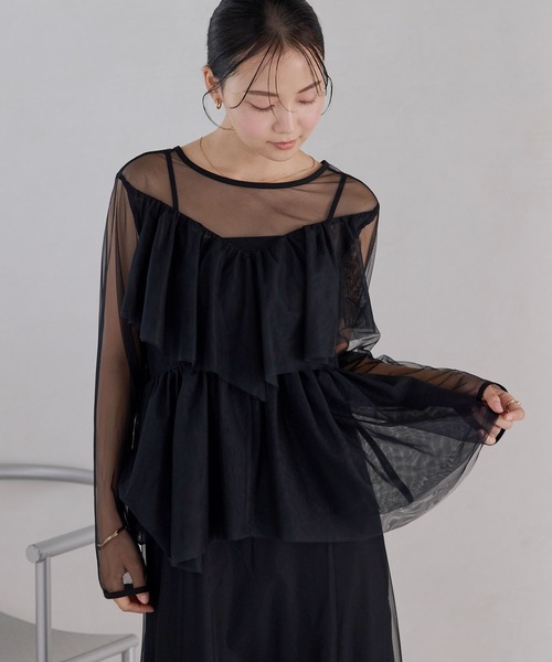 【美品】エムズグレイシー ティアードフリルワンピースドレス 紺 長袖ブローチ付 美品】エムズグレイシー ティアードフリルワンピースドレス 紺