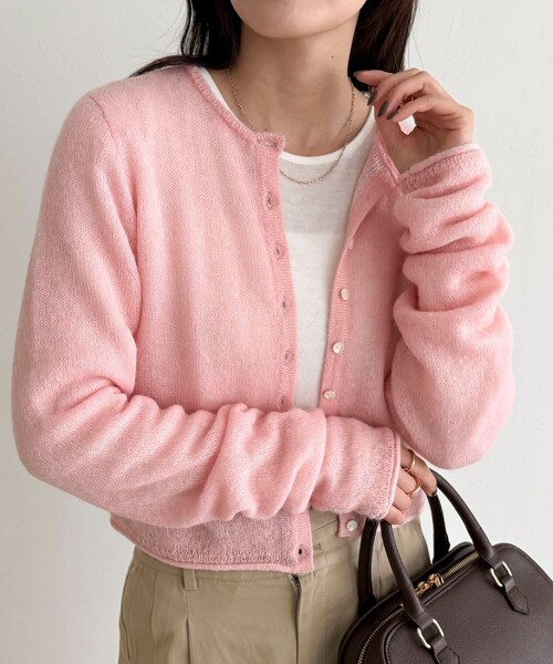 美品 22AW アパルトモン別注 アールジュビリーモヘア混カーディガン ピンク 手編みモヘアロングカーディガン チェリーピンク ニット・セーター