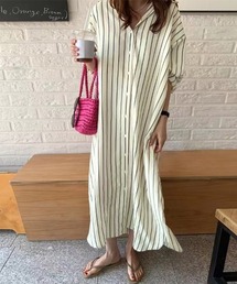 セール】ストライプフラワースキッパーシャツワンピース◇（シャツ