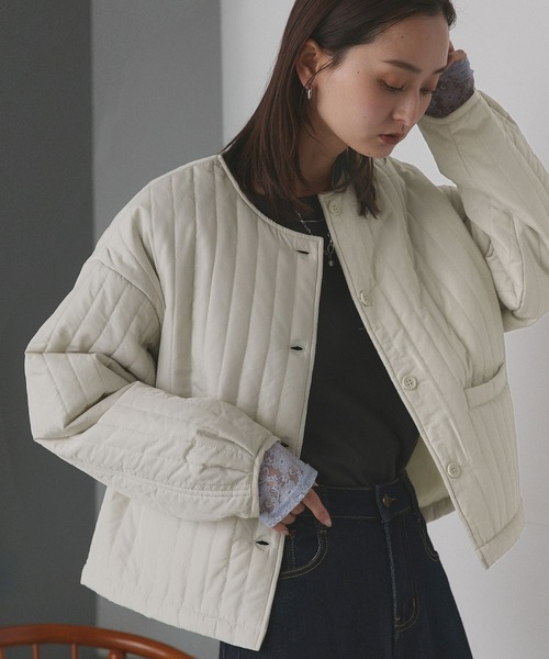 セール】ストライプ キルティング ノーカラーブルゾン（ノーカラー