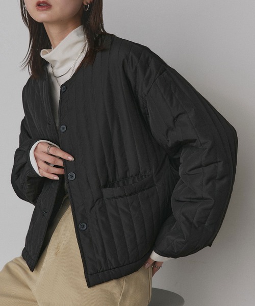 セール】ストライプ キルティング ノーカラーブルゾン（ノーカラー