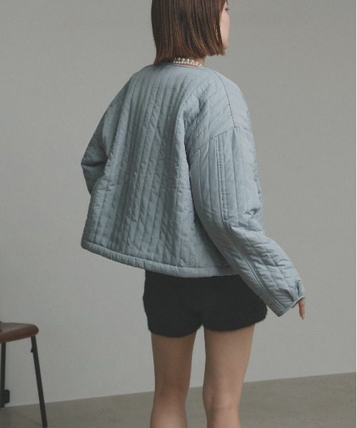 セール】ストライプ キルティング ノーカラーブルゾン（ノーカラー