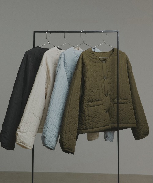 セール】ストライプ キルティング ノーカラーブルゾン（ノーカラー