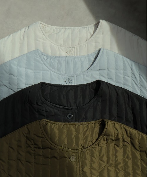 セール】ストライプ キルティング ノーカラーブルゾン（ノーカラー