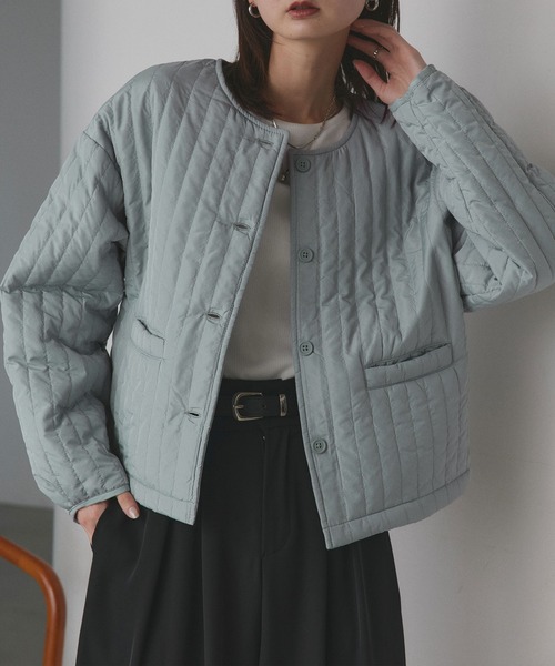 トーテム　ノーカラー　キルティング セール】ストライプ キルティング ノーカラーブルゾン（ノーカラー