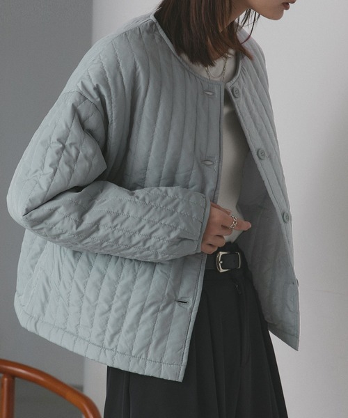 セール】ストライプ キルティング ノーカラーブルゾン（ノーカラー