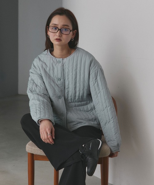 セール】ストライプ キルティング ノーカラーブルゾン（ノーカラー