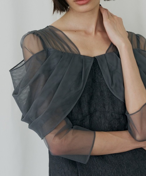 ANDRESD(アンドレスド)の「チュールドレープジャガードドレス / tulle drape jacquard dress(ドレス・レディース・グリーン/グレー/ベージュ×ブラック/チャコール・S/L/M)」の11枚目の写真