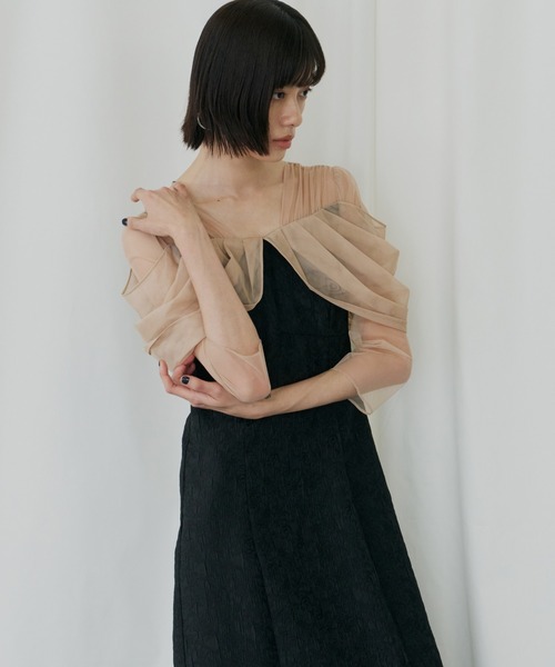 ANDRESD(アンドレスド)の「チュールドレープジャガードドレス / tulle drape jacquard dress(ドレス・レディース・グリーン/グレー/ベージュ×ブラック/チャコール・S/L/M)」の16枚目の写真