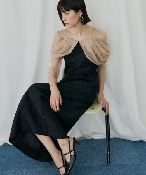 ANDRESD(アンドレスド)の「チュールドレープジャガードドレス / tulle drape jacquard dress(ドレス・レディース・グリーン/グレー/ベージュ×ブラック/チャコール・S/L/M)」の20枚目の写真