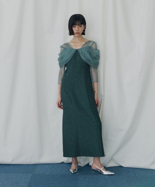 ANDRESD(アンドレスド)の「チュールドレープジャガードドレス / tulle drape jacquard dress(ドレス・レディース・グリーン/グレー/ベージュ×ブラック/チャコール・S/L/M)」の17枚目の写真
