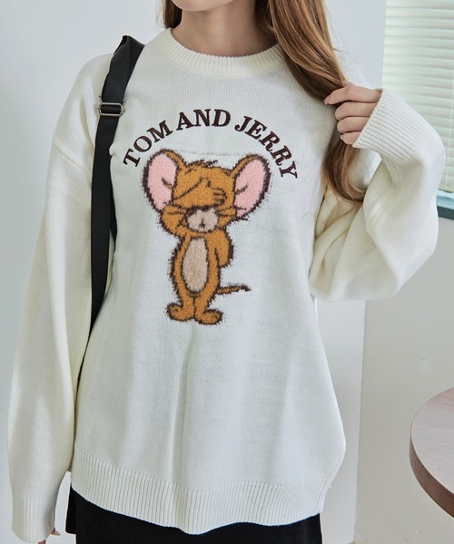 Tom&Jerry(トムアンドジェリー)の「『TOM&JERRY/トムアンドジェリー』ループ刺繍&シャギージャガードニット【Z】(ニット/セーター・レディース・スミクロ/ネイビー/サックスブルー/オフホワイト・LL/L/M)」の2枚目の写真