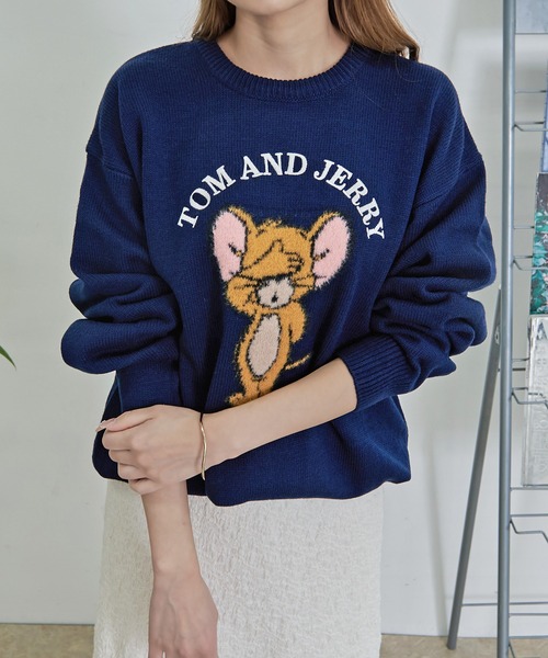 Tom&Jerry(トムアンドジェリー)の「『TOM&JERRY/トムアンドジェリー』ループ刺繍&シャギージャガードニット【Z】(ニット/セーター・レディース・スミクロ/ネイビー/サックスブルー/オフホワイト・LL/L/M)」の5枚目の写真