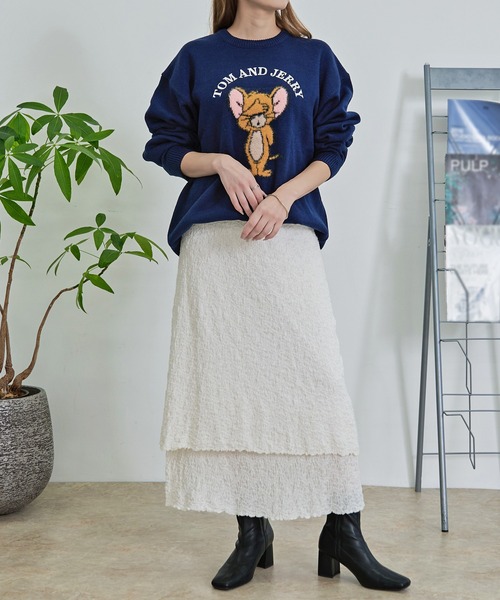 Tom&Jerry(トムアンドジェリー)の「『TOM&JERRY/トムアンドジェリー』ループ刺繍&シャギージャガードニット【Z】(ニット/セーター・レディース・スミクロ/ネイビー/サックスブルー/オフホワイト・LL/L/M)」の6枚目の写真