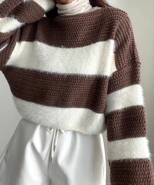 CLOTHY(クロシィ)の「【モノトーン×異素材MIX】シャギーレイヤードボーダーニットトップス(ニット/セーター・レディース・ブラック/ブラウン・FREE)」の2枚目の写真