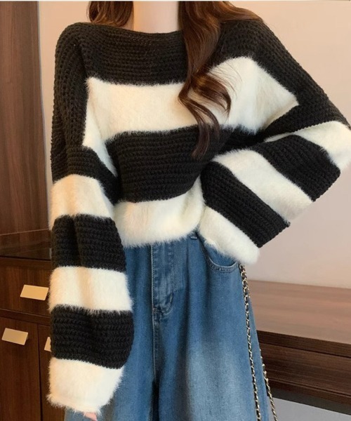 CLOTHY(クロシィ)の「【モノトーン×異素材MIX】シャギーレイヤードボーダーニットトップス(ニット/セーター・レディース・ブラック/ブラウン・FREE)」の4枚目の写真