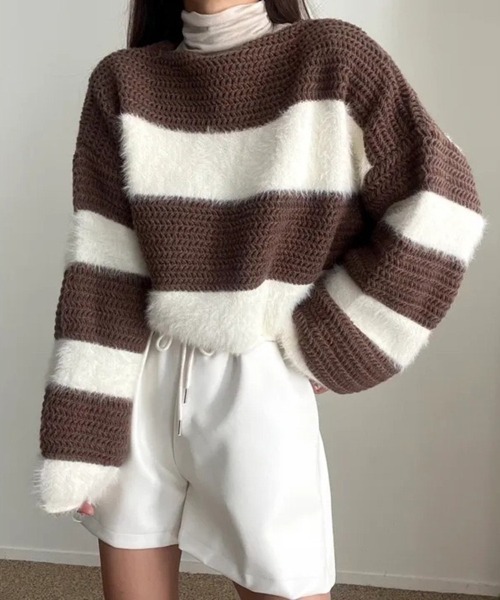 CLOTHY(クロシィ)の「【モノトーン×異素材MIX】シャギーレイヤードボーダーニットトップス(ニット/セーター・レディース・ブラック/ブラウン・FREE)」の15枚目の写真