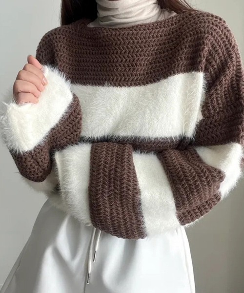 CLOTHY(クロシィ)の「【モノトーン×異素材MIX】シャギーレイヤードボーダーニットトップス(ニット/セーター・レディース・ブラック/ブラウン・FREE)」の11枚目の写真