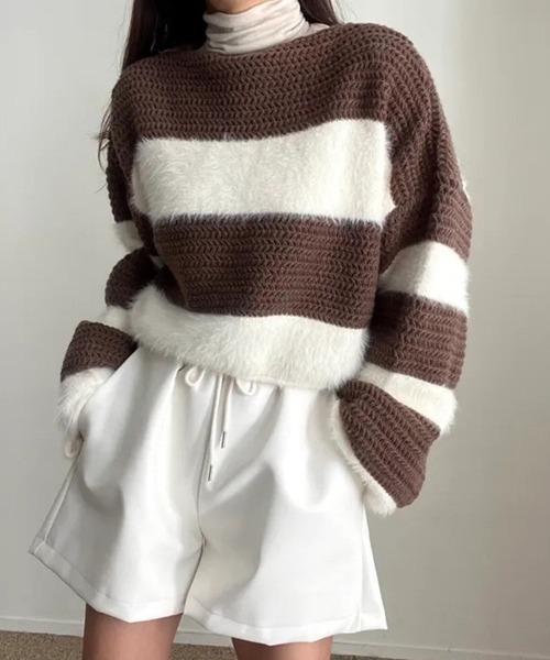 CLOTHY(クロシィ)の「【モノトーン×異素材MIX】シャギーレイヤードボーダーニットトップス(ニット/セーター・レディース・ブラック/ブラウン・FREE)」の12枚目の写真