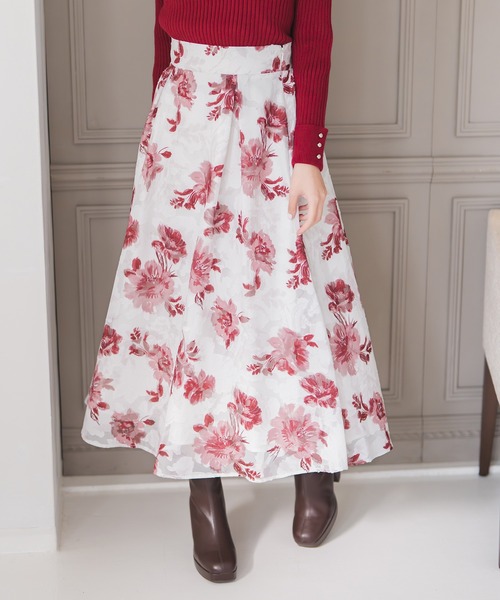 MISCH MASCH（ミッシュマッシュ）の「2025秋冬新作 水彩フラワーカットジャガードスカート（スカート・レディース・グレー/ブラック×ホワイト/レッド・S/M）」の22枚目の写真