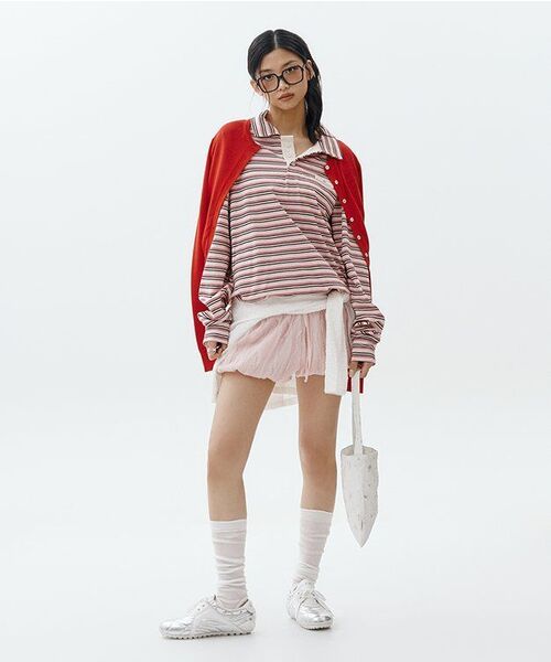 LETERIE(レテリー)の「STRIPE STRING COLLAR T-SHIRT_PINK(ポロシャツ・レディース・ピンク・FREE)」の4枚目の写真