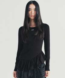 RUFFLE LABEL LONG SLEEVE TOP_BLACK