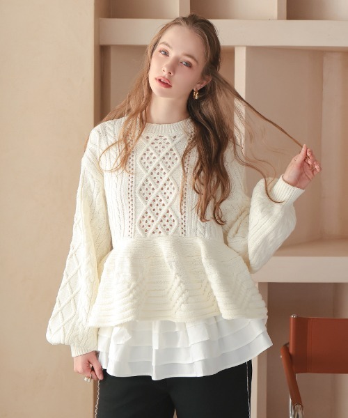 DONOBAN（ドノバン）の「ケーブルフレアニット（ニット/セーター・レディース・ブラック/グレー/ホワイト/ブラウン・ONE SIZE）」の2枚目の写真