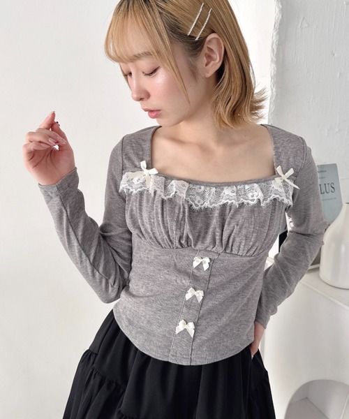 ルサロンディ レースボーダーリボンカットソー セール】リボンレースコルセットトップス（Tシャツ/カットソー