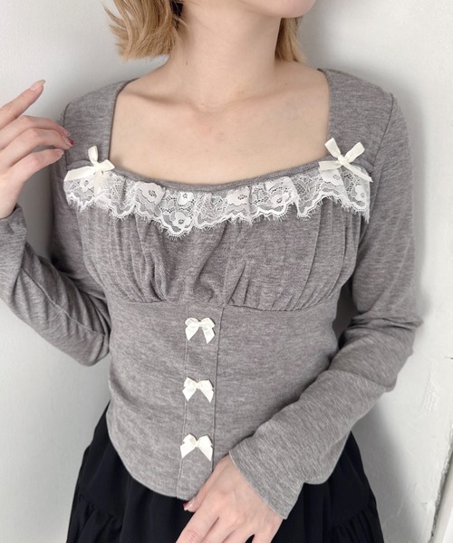 Loueme(ルエム)の「リボンレースコルセットトップス(Tシャツ/カットソー・レディース・グレー/アイボリー/ライトブルー/ピンク・FREE)」の9枚目の写真